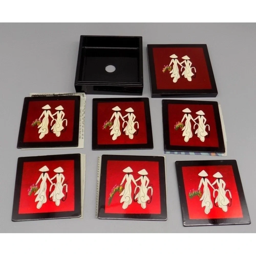 6 Vtg Vietnamese Lacquer Coasters w/ Box Hand-Painted Áo Dài Art HOI AN Unused
